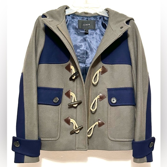J Crew Duffel Coat Womens Green Blue Toggle Hooded Wool Blend 06287 Colorblock 0 - Picture 2 of 7